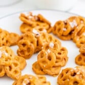 Close up of no bake pretzel cookies on a plate