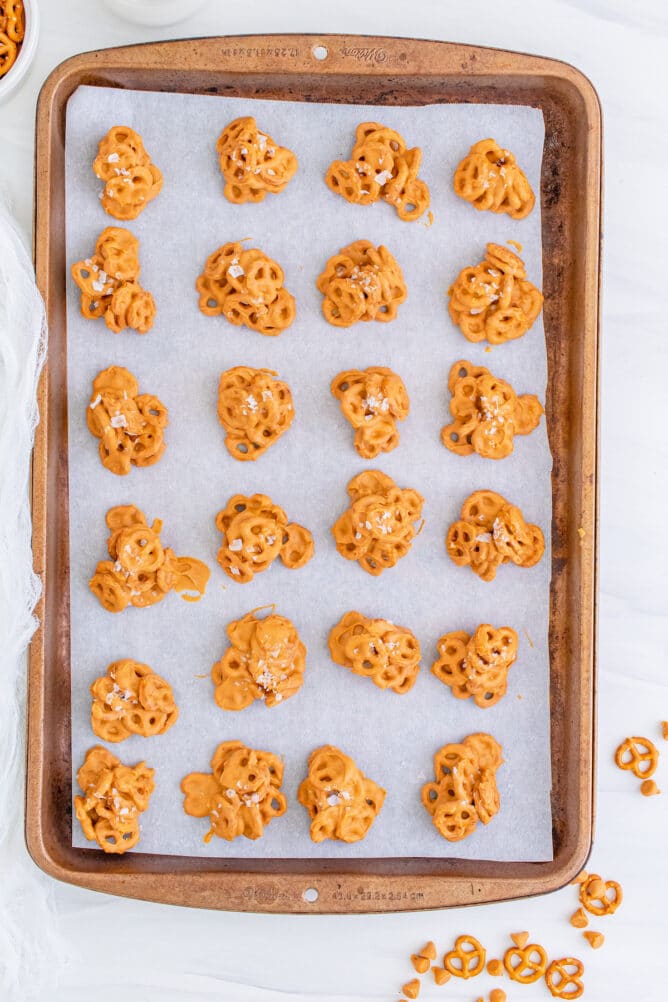 Overhead shot of no bake pretzel cookies on a sheet pan