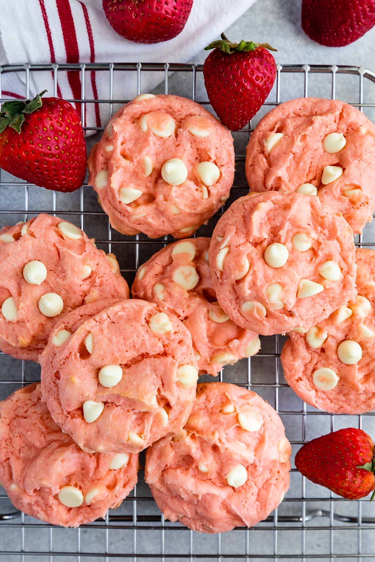 overhead of pink cookies on rack