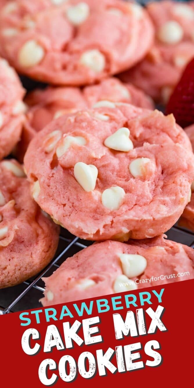 close up of cookie with white chocolate chips and words on photo