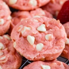 close up of cookie with white chocolate chips