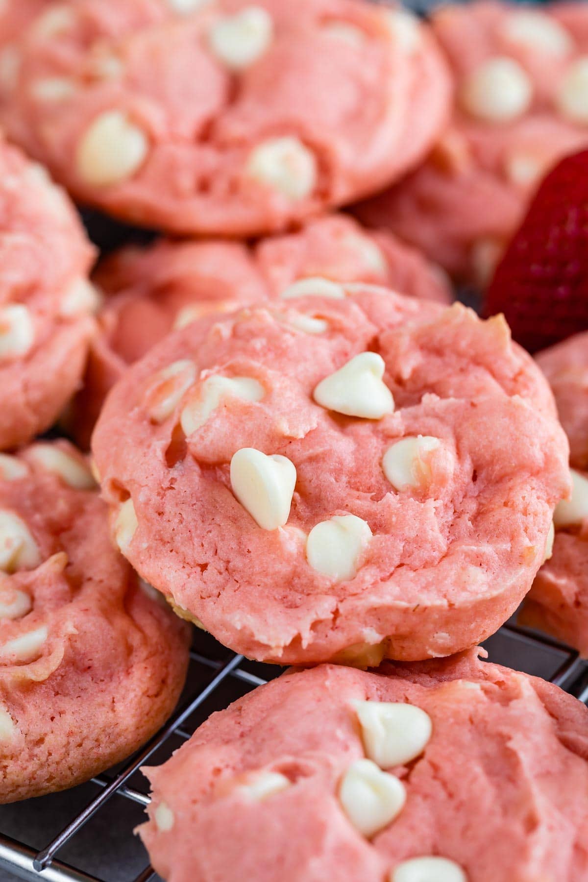 close up of cookie with white chocolate chips