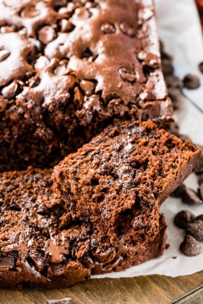 Close up of triple chocolate banana bread with end slice cut off