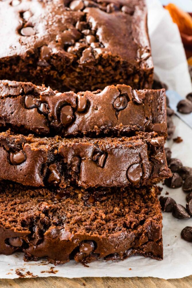 Overhead shot of sliced triple chocolate banana bread loaf