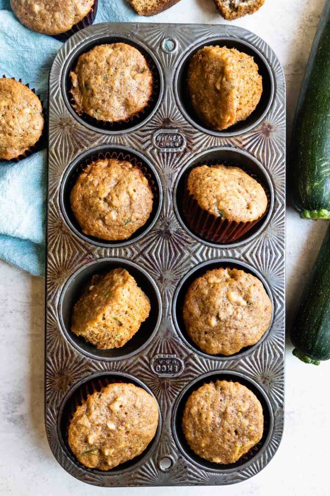 Overhead shot of zucchini muffins in muffin tin