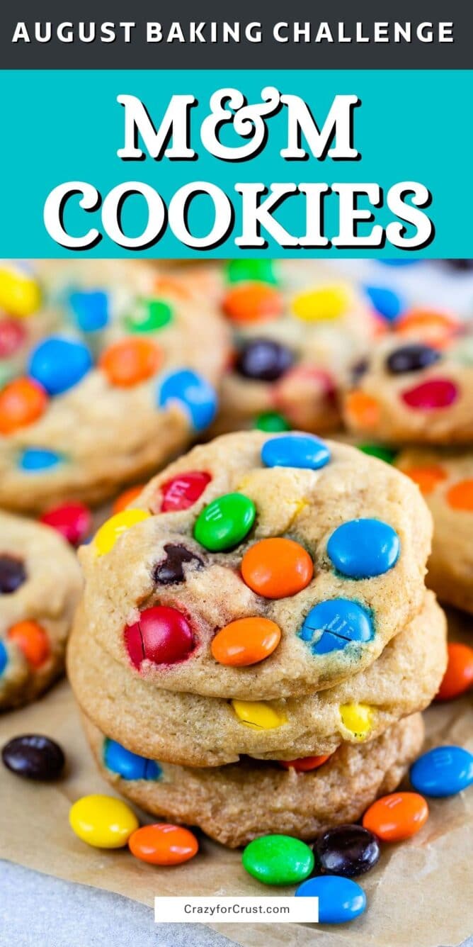 stack of M&M cookies with words on photo