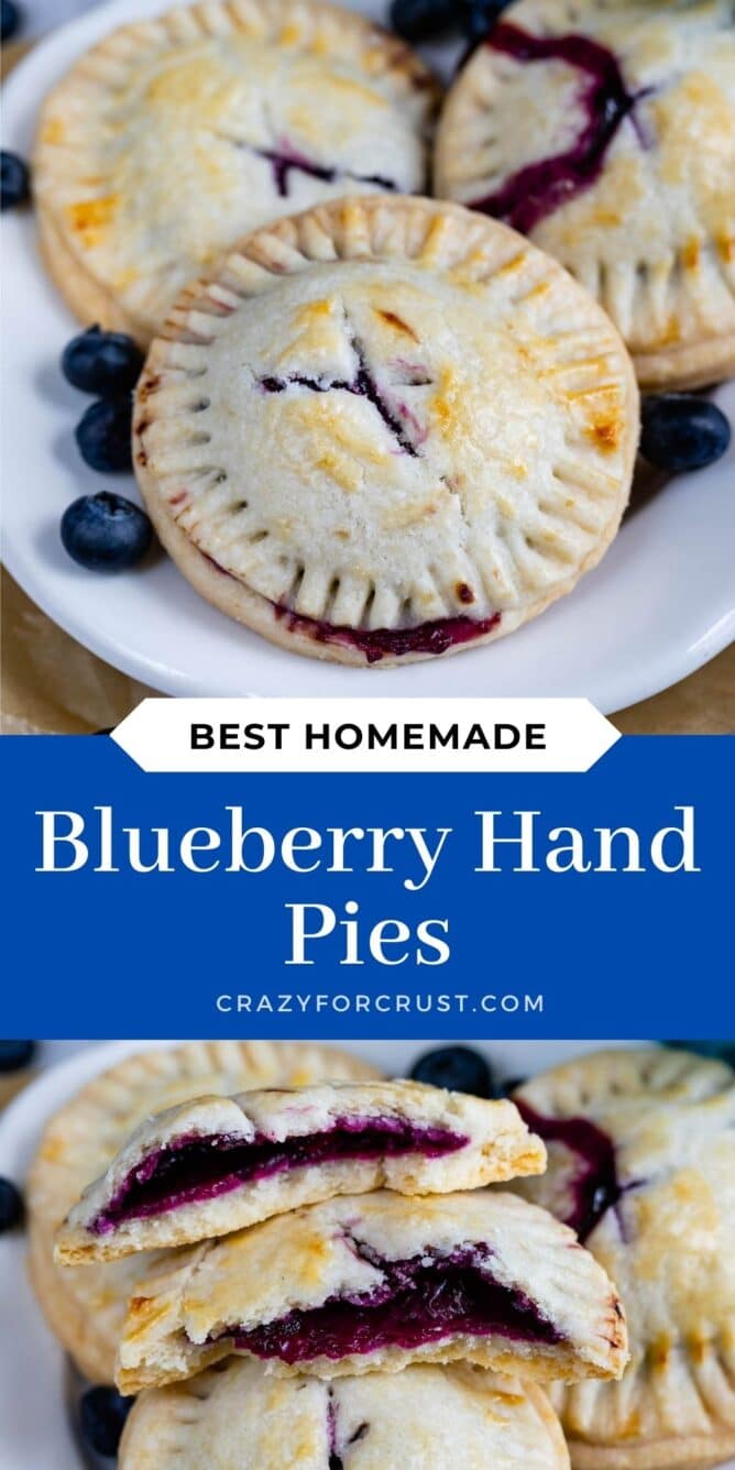 Collage of blueberry hand pies with recipe title in the middle of two photos