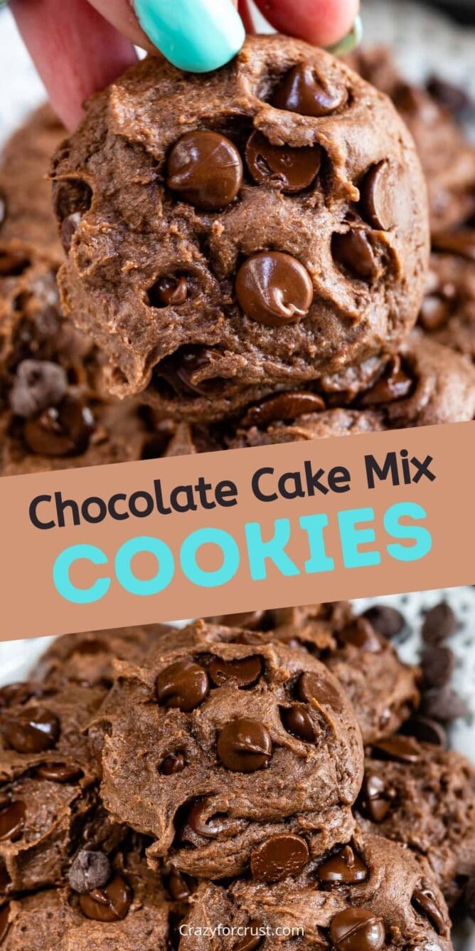 Photo collage of chocolate cake mix cookies with recipe title in the middle of two photos