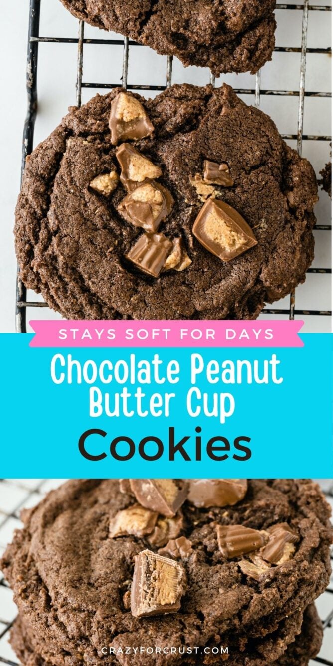 Photo collage of soft chocolate peanut butter cup cookies with recipe title in the middle of photos