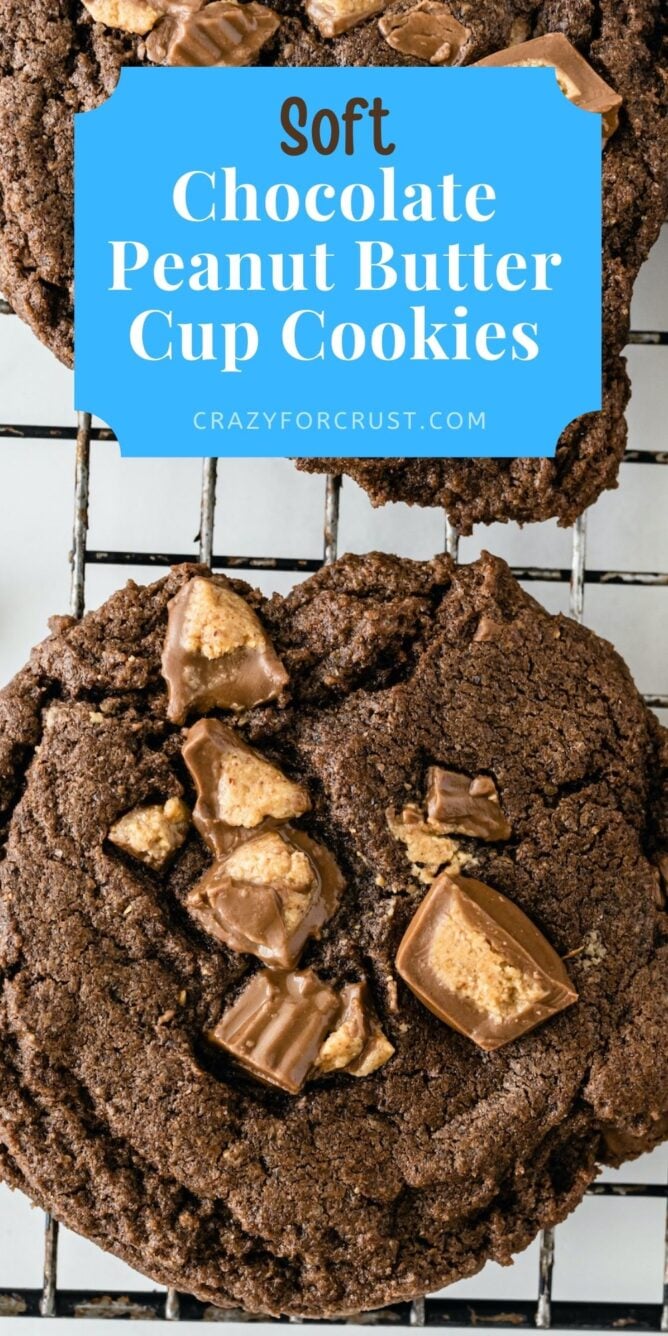 Overhead shot of soft chocolate peanut butter cup cookies with recipe title on top of image