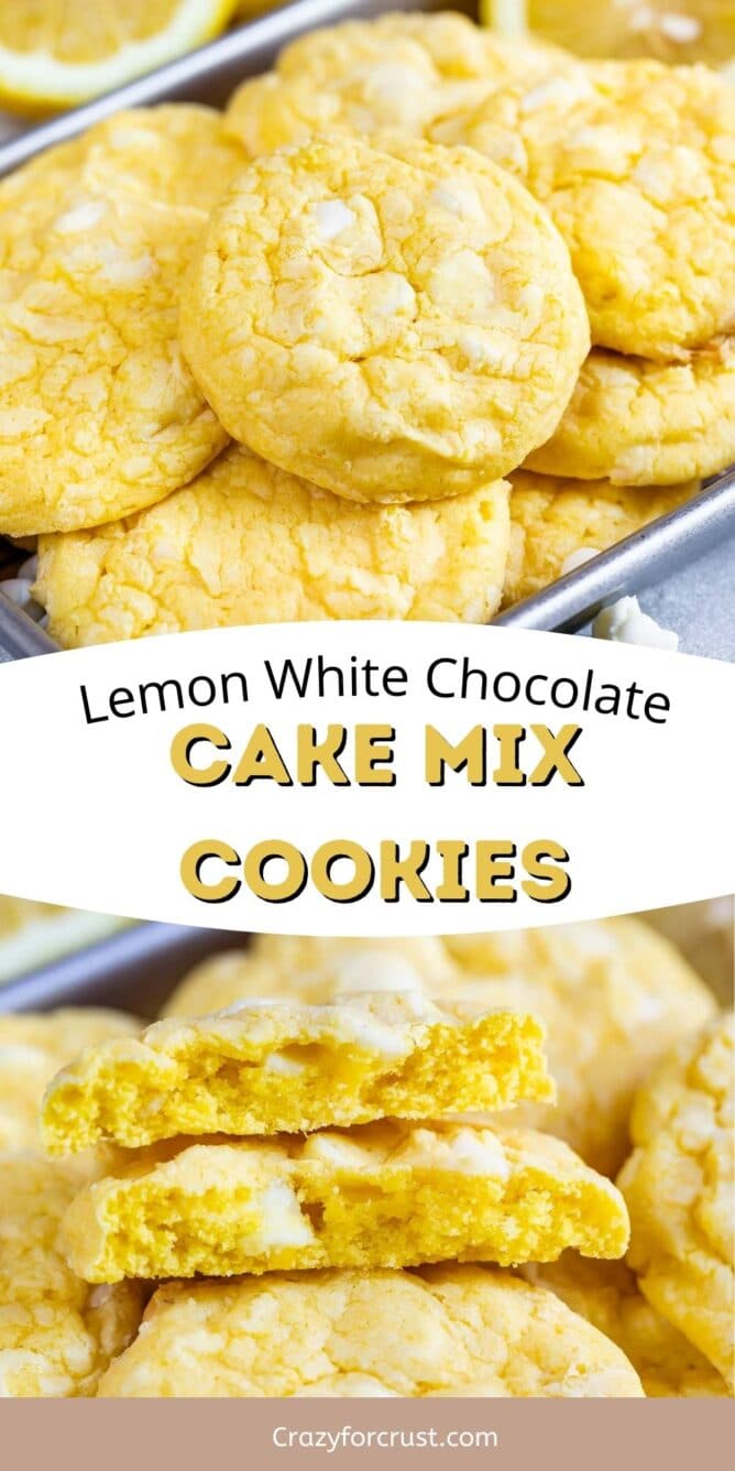 Two photos of lemon white chocolate cake mix cookies with recipe title in the middle