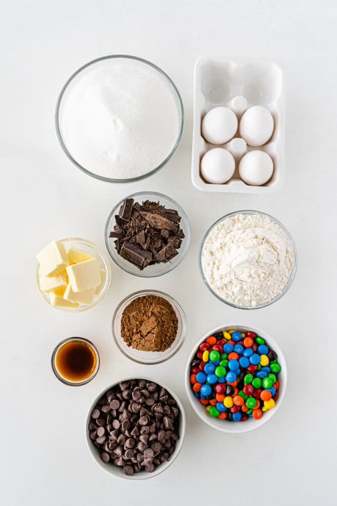 Overhead shot of all the ingredients needed to make M&M Brownies