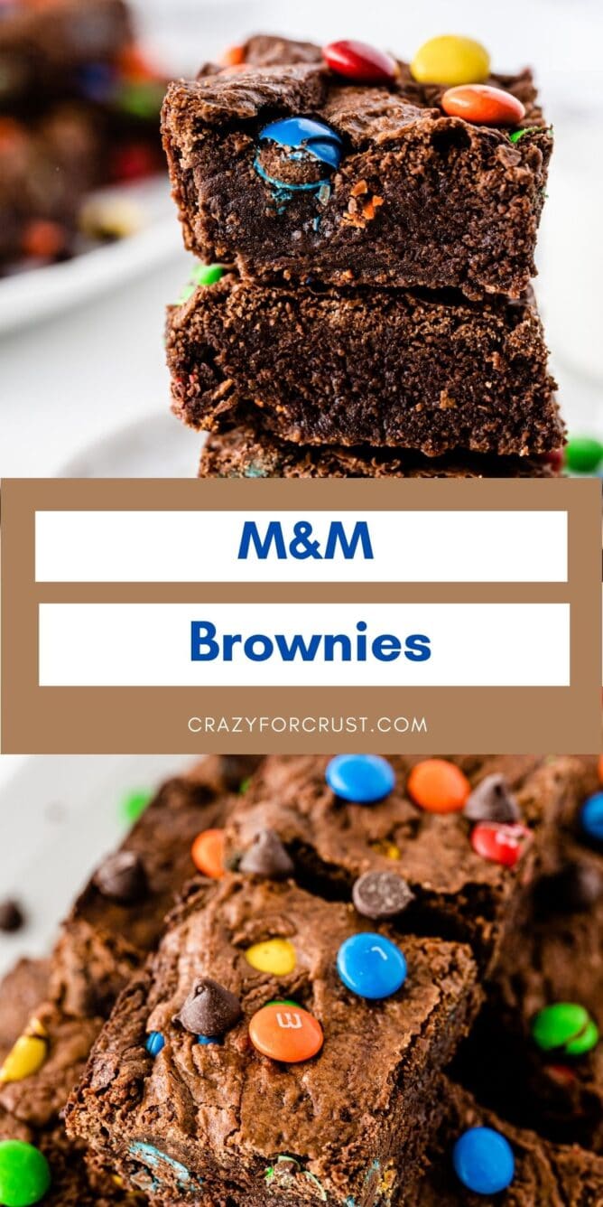 Photo collage of M&M brownies with recipe title in the middle of photos