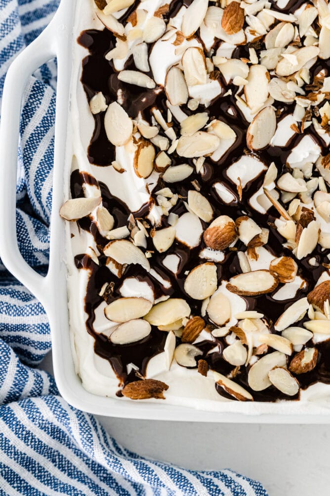 overhead of mocha mud pie in white casserole dish