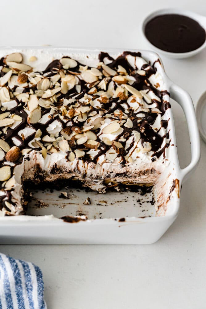 mocha mud pie in pan with slices missing