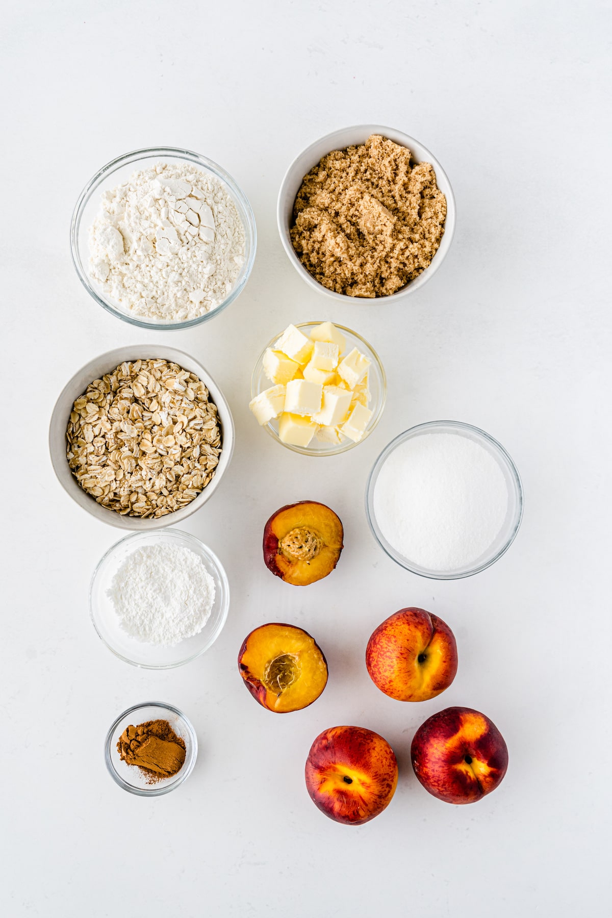 Overhead shot of all ingredients needed to make peach crisp