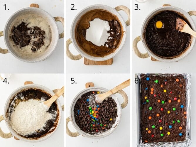 Overhead view of six process shots showing how to make M&M brownies