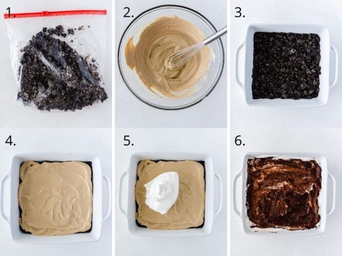 6 photos showing how to make mocha mud pie