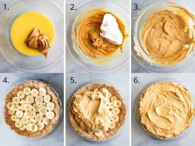 Overhead process shot showing the 6 steps to make no bake peanut butter banana cream pie