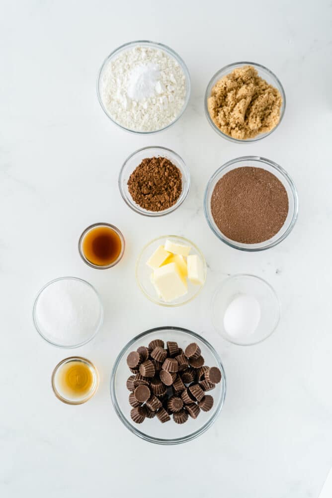 Overhead shot of all ingredients measured out to make soft chocolate peanut butter cup cookies