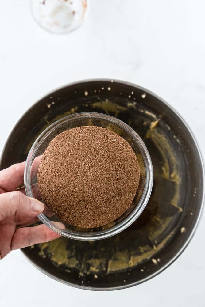 Overhead shot showing cookie dough being made