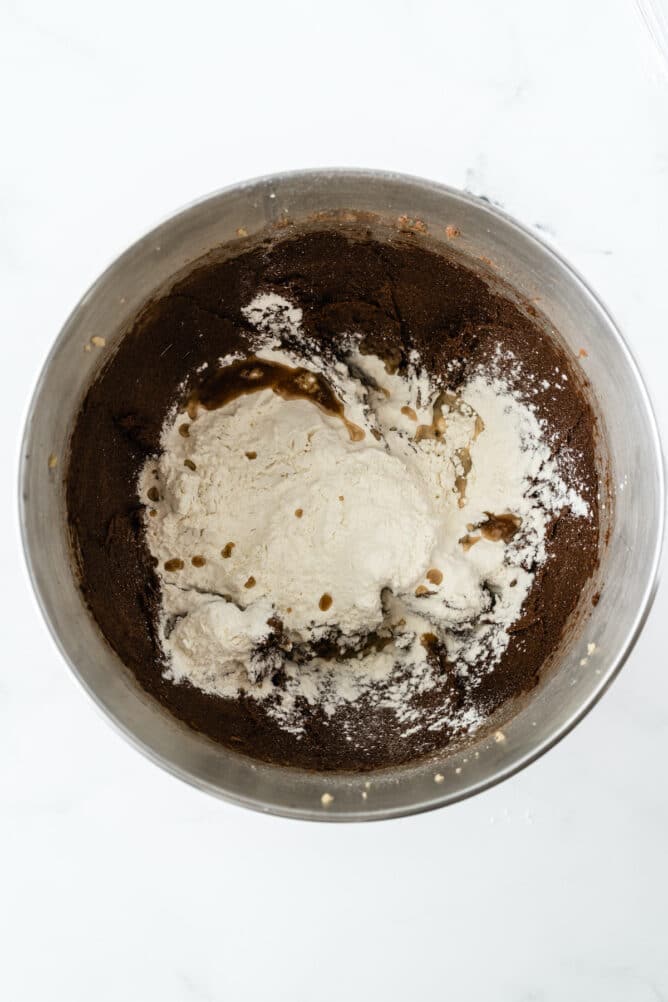 Overhead shot showing cookie dough being made