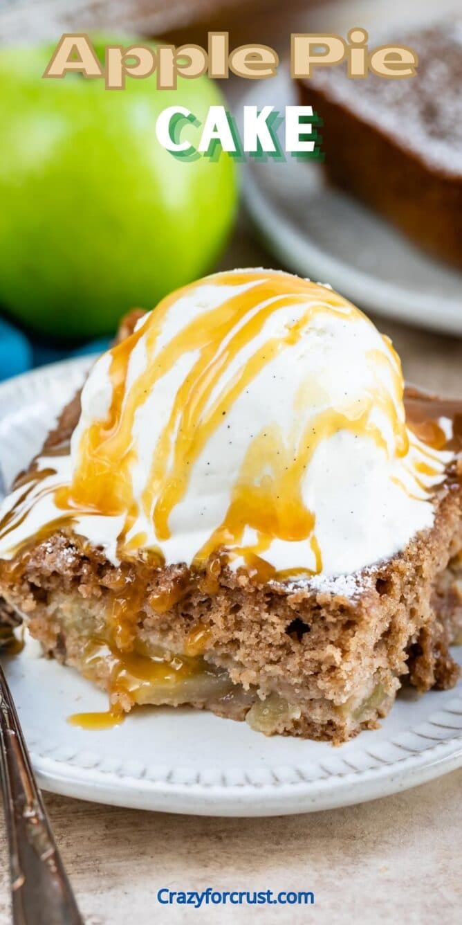 Slice of apple pie cake topped with ice cream and recipe title on top of image
