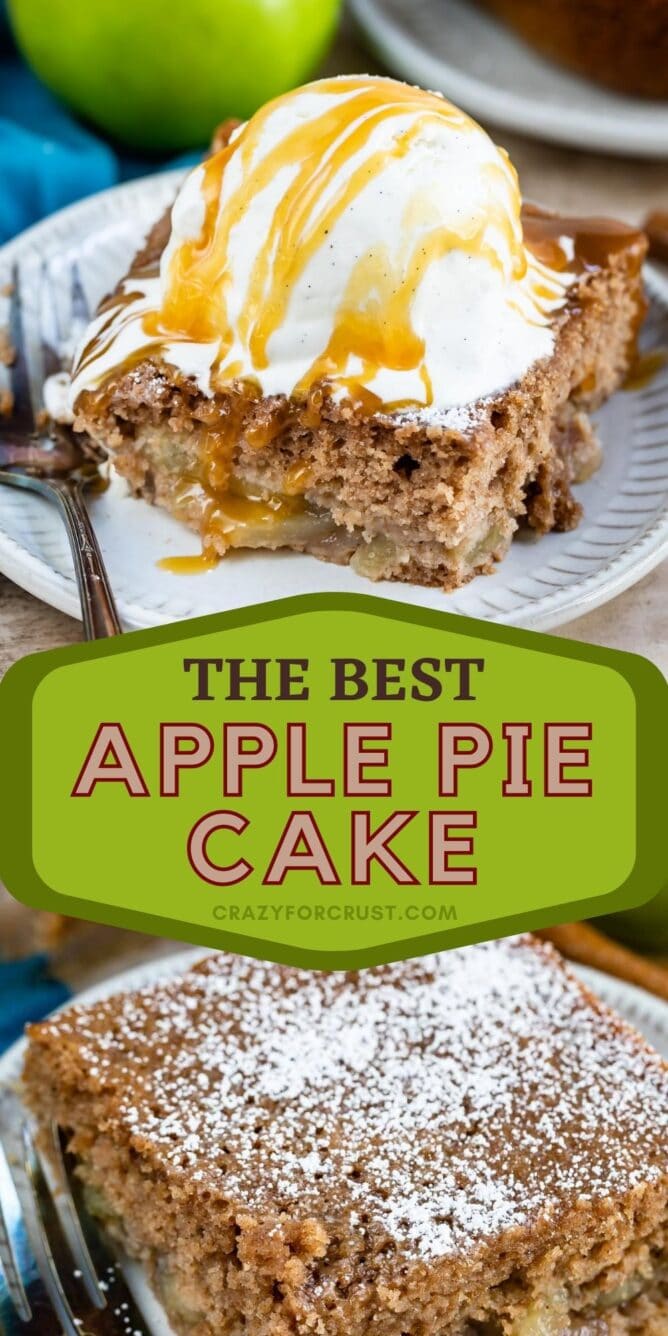 Apple pie cake collage with recipe title in middle of photos