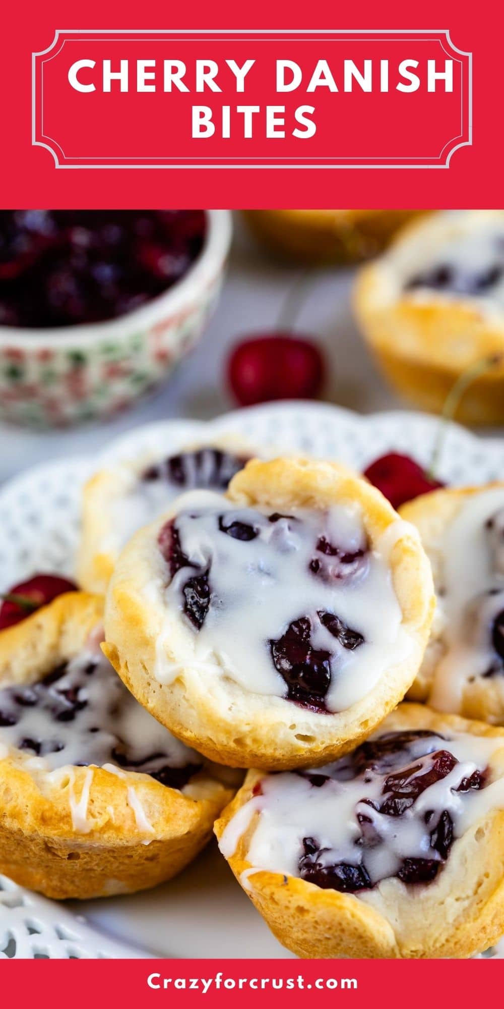 cherry pie danish with drizzle on a stack of bites