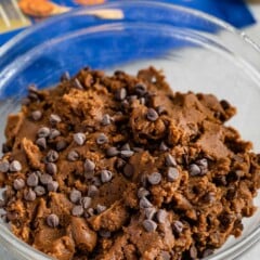 Close up shot of double chocolate chip edible cookie dough