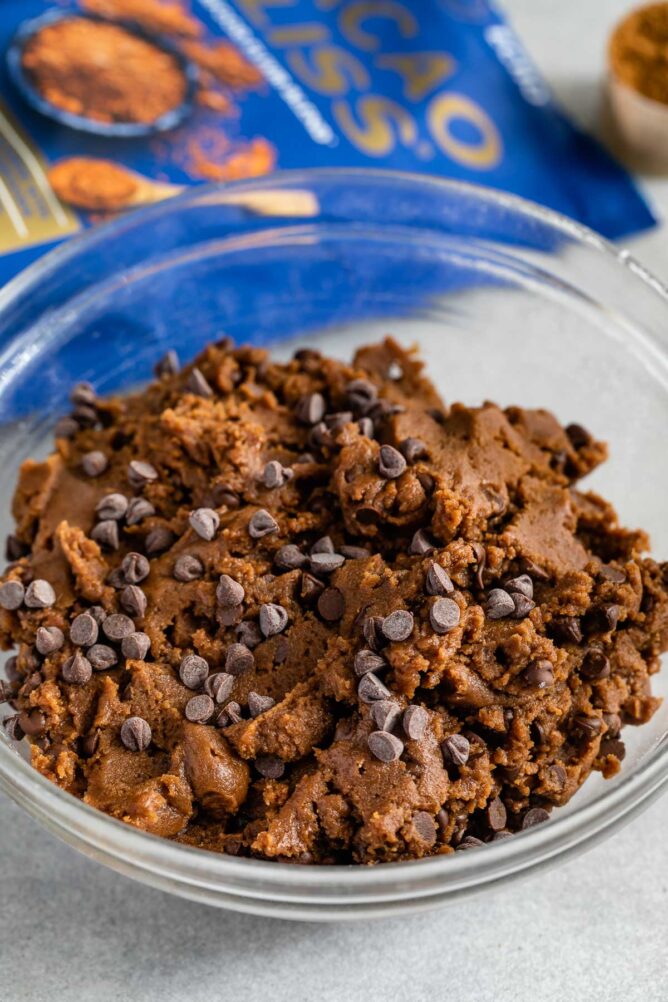 Close up shot of double chocolate chip edible cookie dough