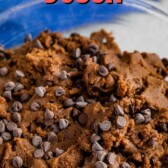 Large mixing bowl of double chocolate chip edible cookie dough with recipe title on the top of image