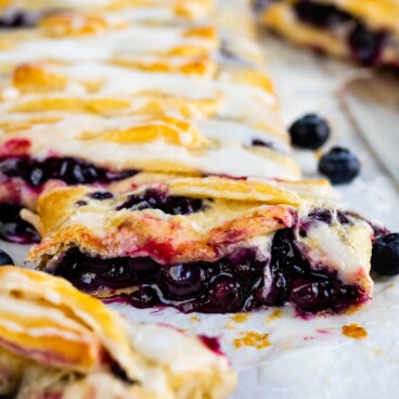 Close up of easy blueberry danish showing inside blueberry filling