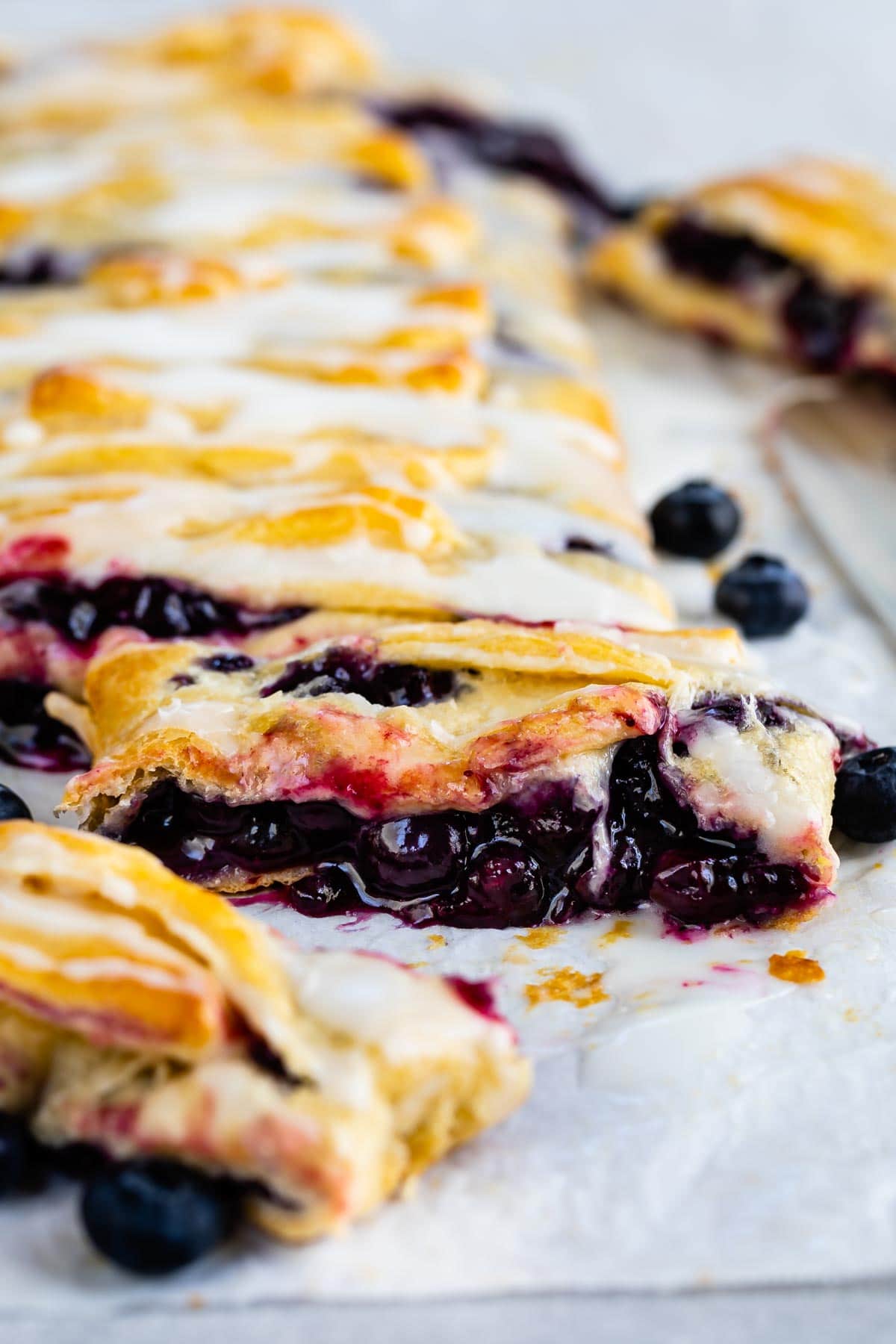 Close up of easy blueberry danish showing inside blueberry filling
