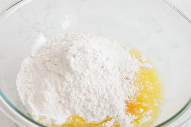 bowl of cake mix, butter, eggs