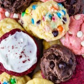 Overhead shot of a bunch of different cake mix cookies on a serving plate with recipe title on top of photo