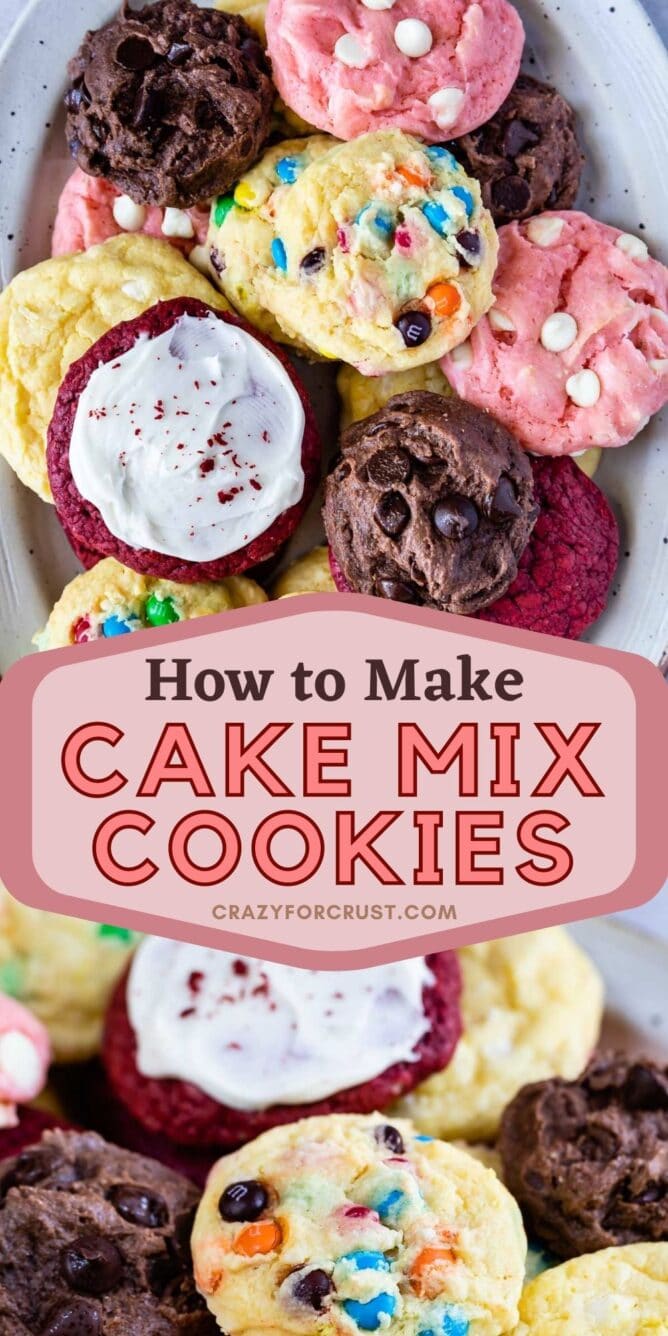 Photo collage of cake mix cookies with blog post title in the middle of two photos