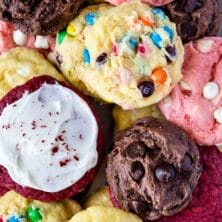 Overhead shot of a bunch of different cake mix cookies on a serving plate with recipe title on top of photo