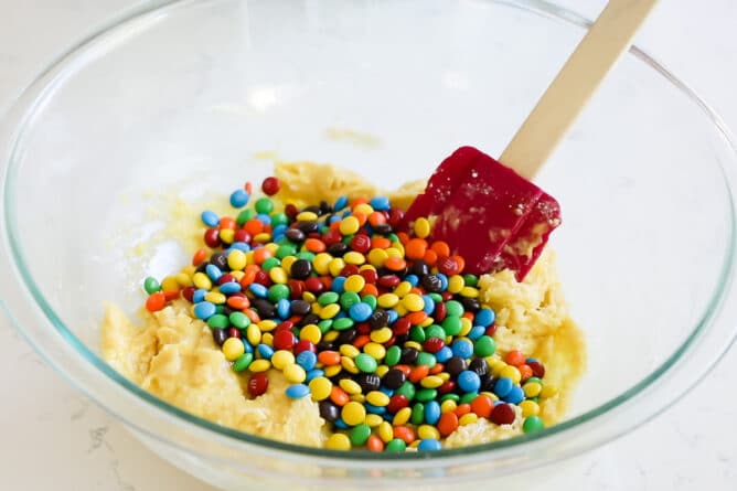 bowl of batter with m&ms