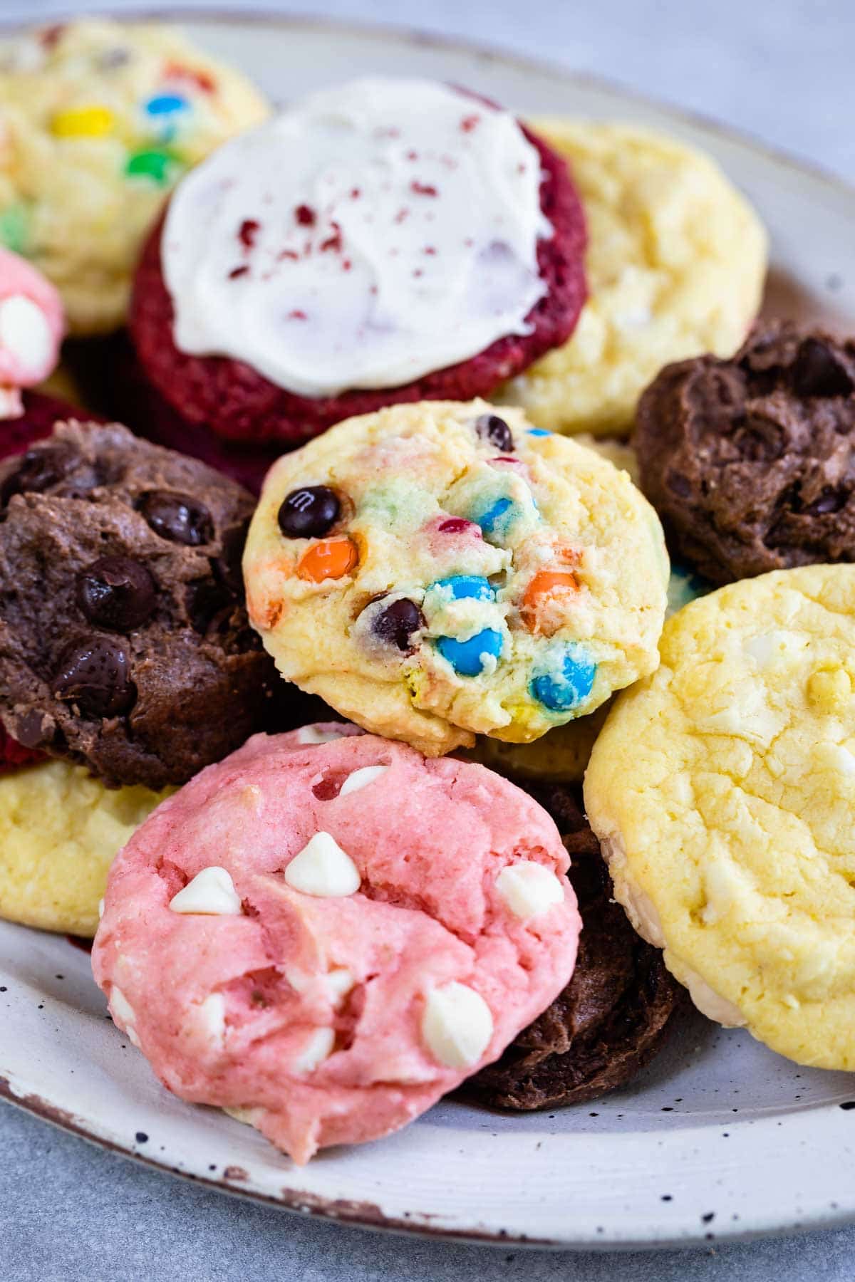 Close up shot of cake mix cookies on a plate