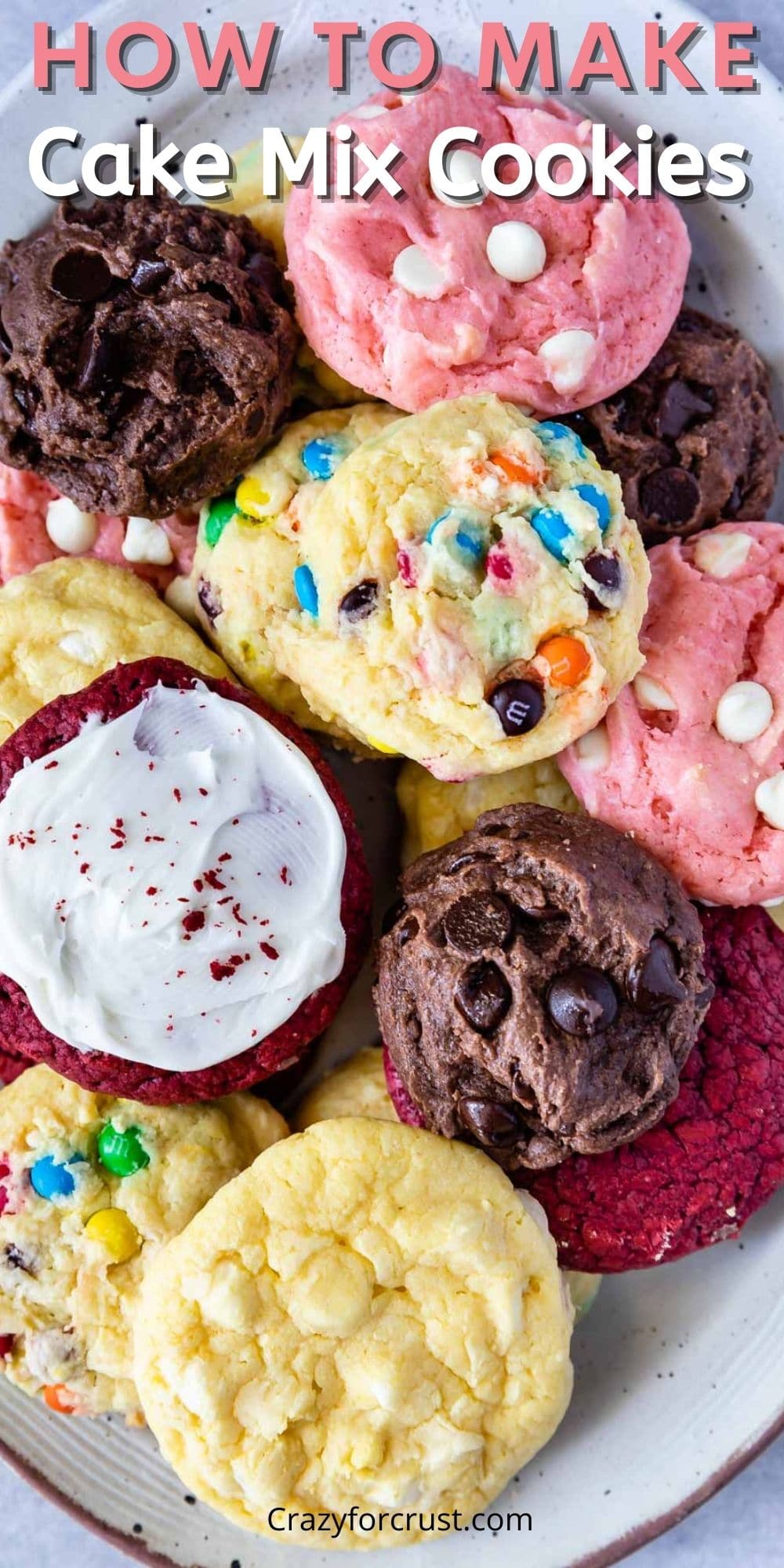 Overhead shot of a bunch of different cake mix cookies on a serving plate with recipe title on top of photo