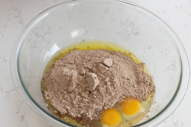 cake mix, eggs, and melted butter in large glass bowl.