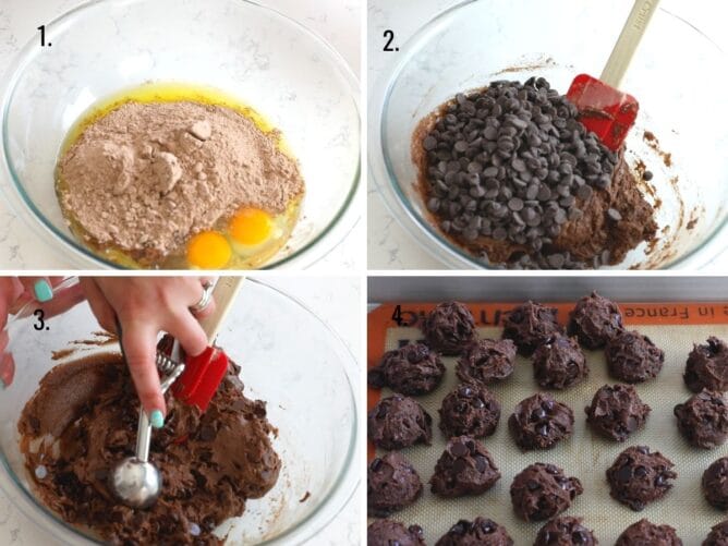 4 photos showing process of how to make chocolate cake mix cookies