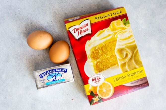 Overhead shot of all ingredients needed for lemon white chocolate cake mix cookies