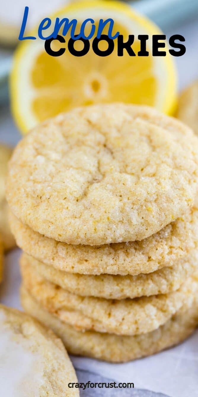 Stack of lemon cookies with recipe title on top of image