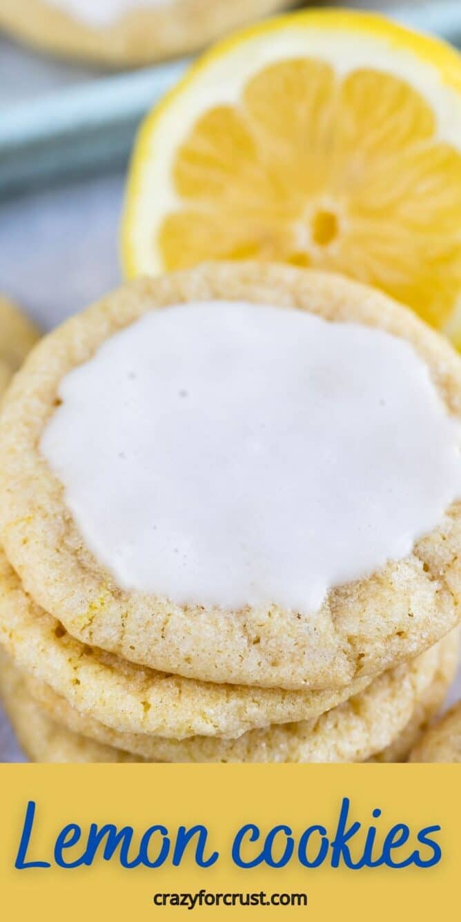 Stack of lemon cookies with icing on the top cookie and recipe title on bottom of image