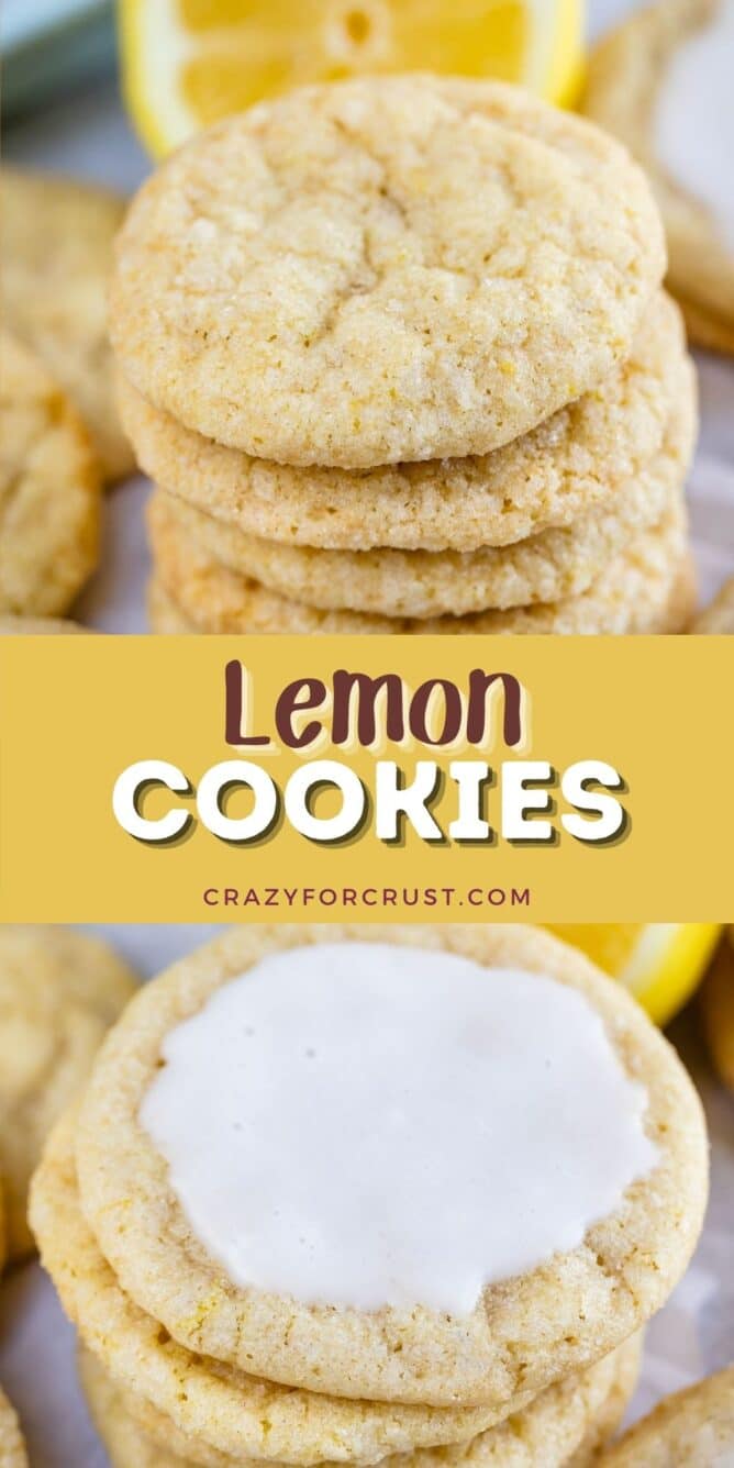 Photo collage of lemon cookies with recipe title in the middle of photos