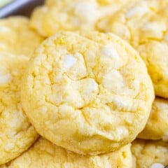 Close up of lemon white chocolate cake mix cookies