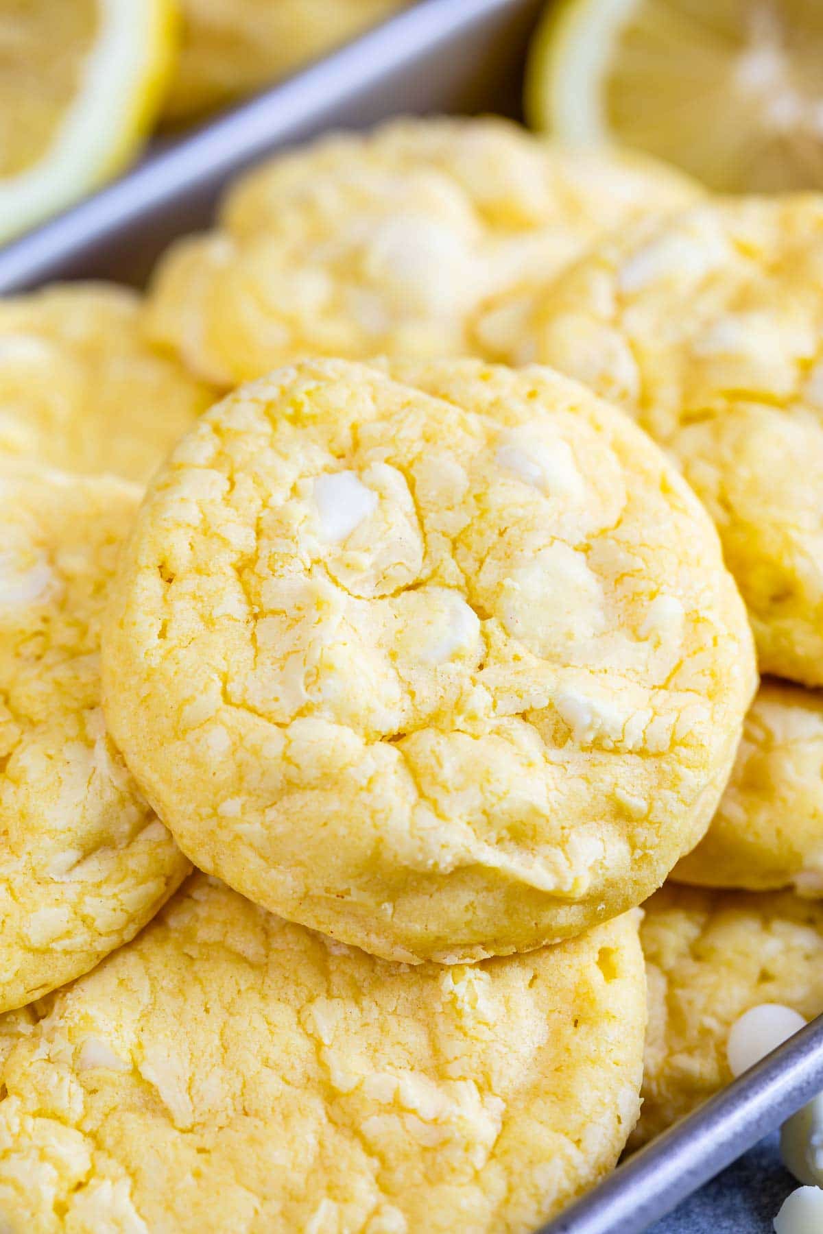 Close up of lemon white chocolate cake mix cookies