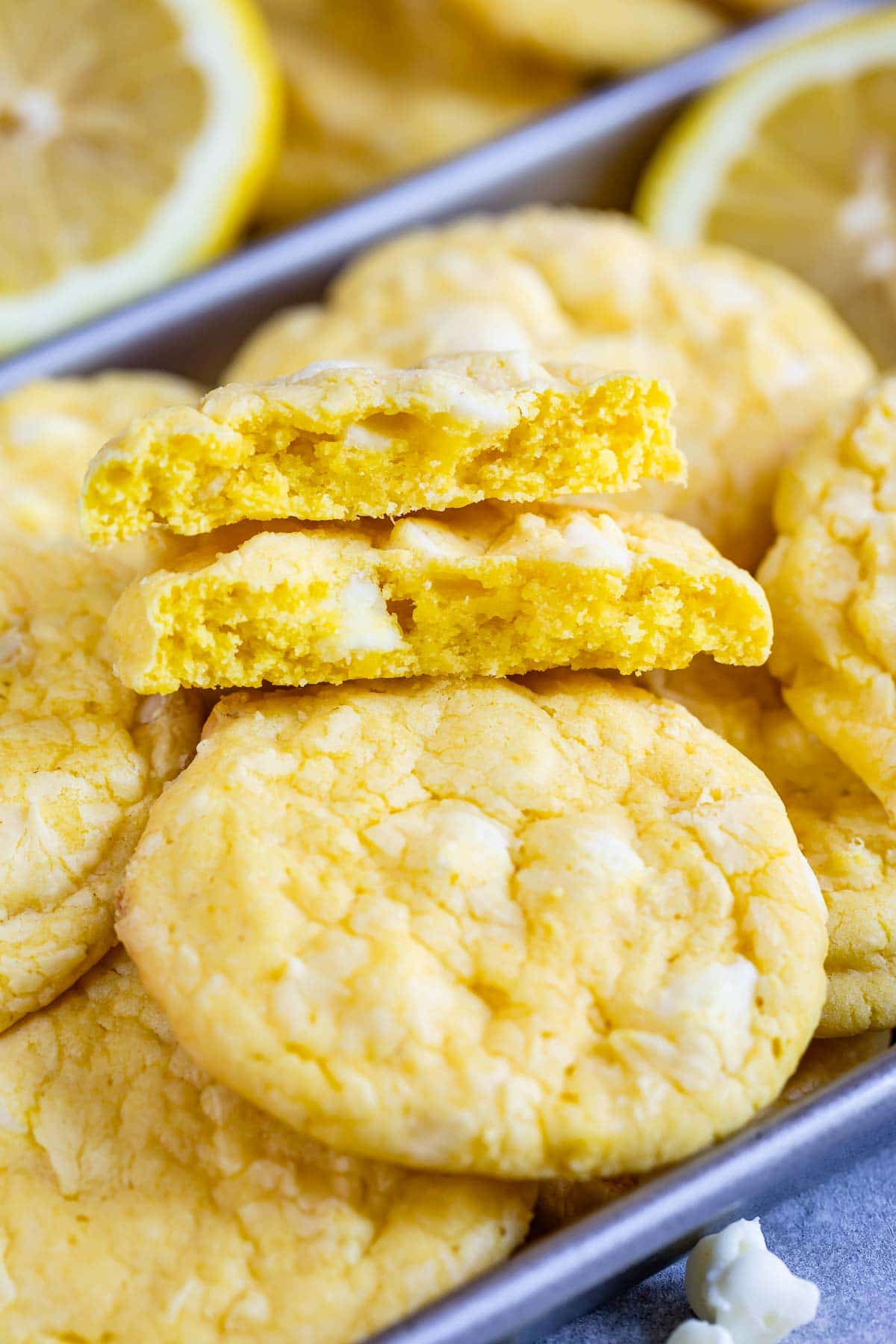 Close up of lemon white chocolate cake mix cookies